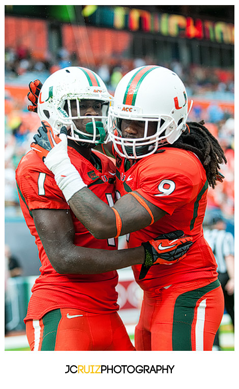 Hurricanes WR #1, Allen Hurns, and #9, Malcolm Lewis, celebrate Hurns touchdown reception