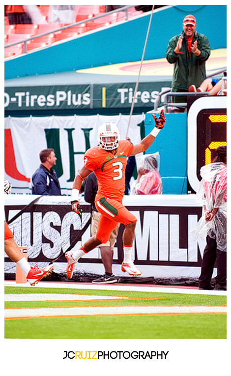 Hurricanes DB #3, Tracy Howard, celebrates a touchdown