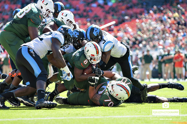 Duke Johnson is stopped short of the endzone