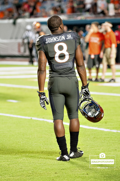 Miami RB #8, Duke Johnson, looks at the crowd during warmups