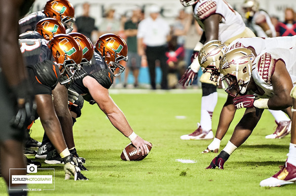 Miami Hurricanes offense lines up against the Florida State Seminoles defense