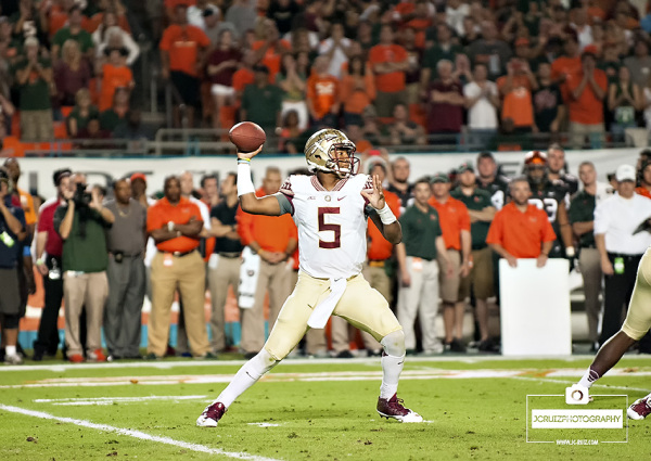 Florida State QB #5 Jameis Winston throws a pass in the first quarter