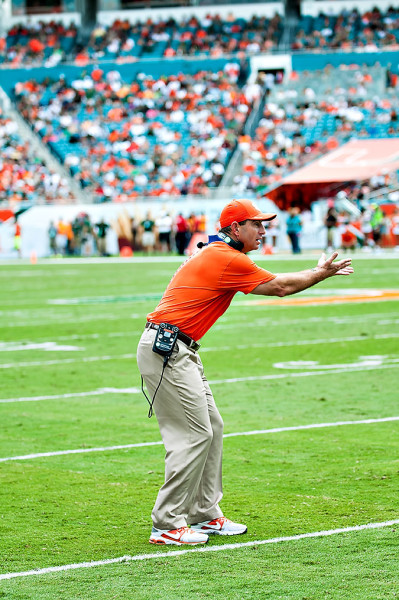 Clemson head coach, Dabo Swinney, reacts to a no call by the officials