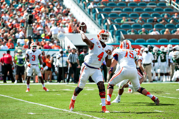 Clemson Tigers QB #4, Deshaun Watson, attempts a pass against Miami