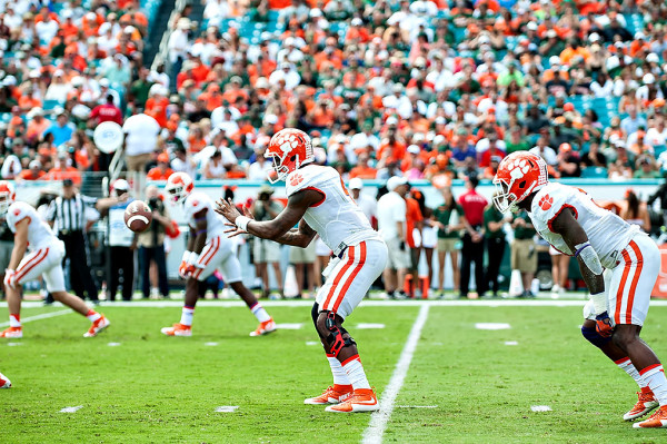 Clemson Tigers QB #4, Deshaun Watson, awaits the snap