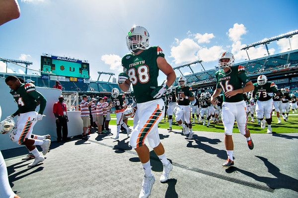 Miami Hurricanes tight end #88, Jake O' Donnell, heads back to the locker room