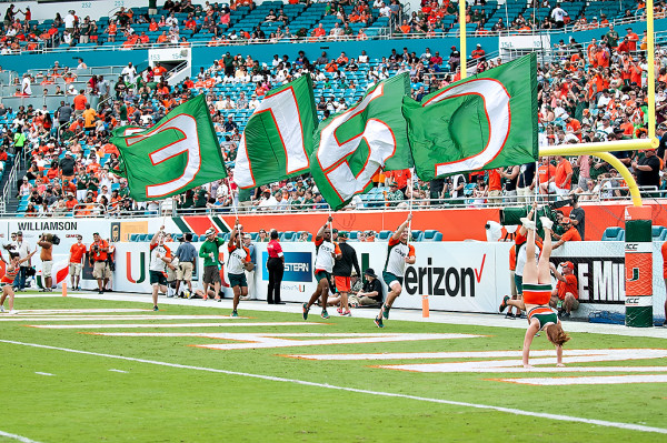 Hurricane cheerleaders run in the endzone after a touchdown