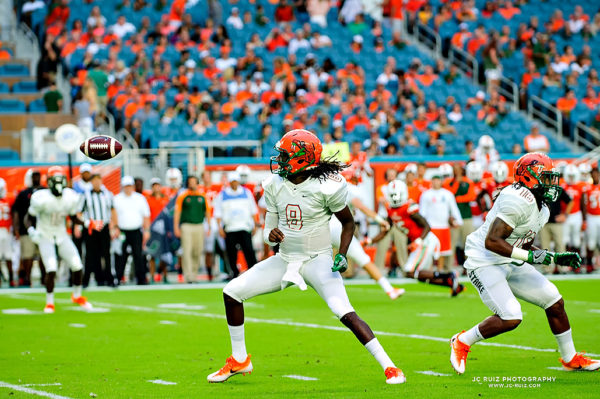 FAMU QB, Kenneth Coleman, loses the ball as he attempts a pass