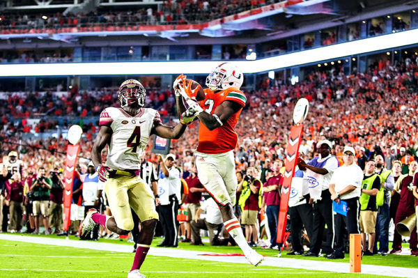 Hurricanes WR, Stacy Coley, catches a touchdown pass from Brad Kaaya