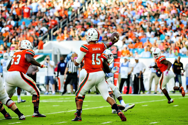 Hurricanes QB, Brad Kaaya, attempts a pass