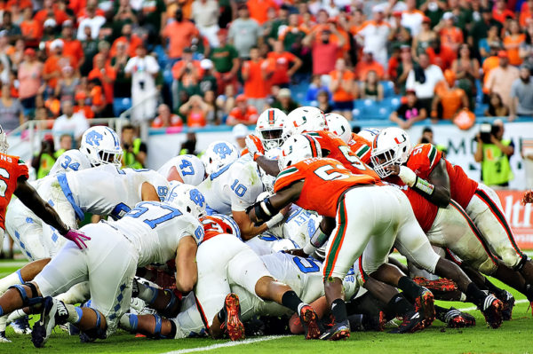 Tar Heels QB, Mitch Trubisky, tries to sneak in for a touchdown against the Miami Hurricanes