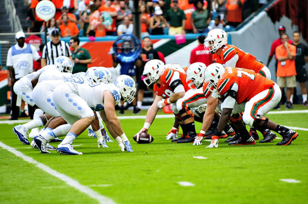 The Miami Hurricanes line up offensively against the North Carolina Tar Heels