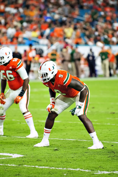 Chad Thomas lines up on defense