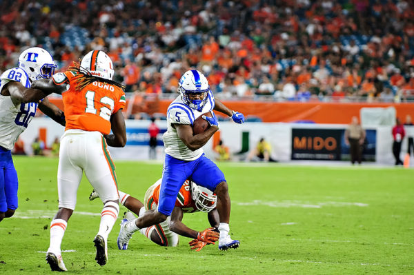 Johnathan Lloyd, Duke WR, breaks away from a tackler