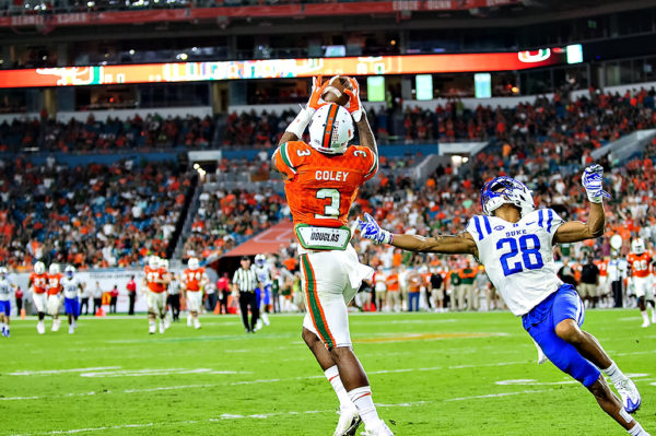 Stacy Coley hauls in a catch along the sideline
