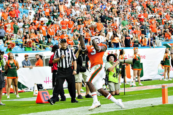 Hurricanes WR, Stacy Coley, hauls in a pass just out of bounds