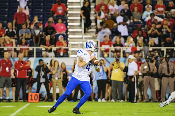 Riley Ferguson, Memphis QB, looks downfield for an open receiver