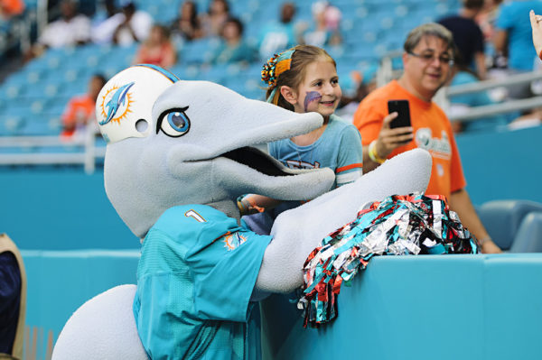 TD, the Dolphins mascot, poses with a fan