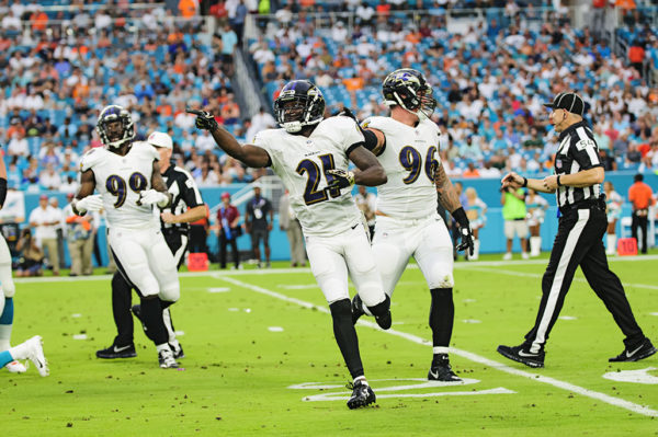 Ravens CB #21, Ladarius Webb, celebrates his sack