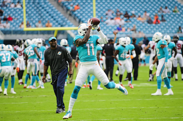Dolphins WR, #11 DeVante Parker, catches a pass in drills