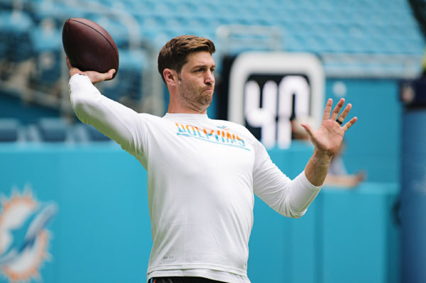 Dolphins Quarterback, Jay Cutler, warms up prior to pre-season game against Atlanta