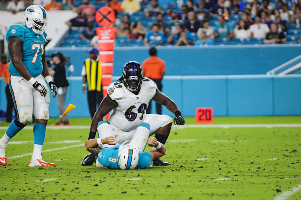 A roughing the passer penalty comes flying in after the play