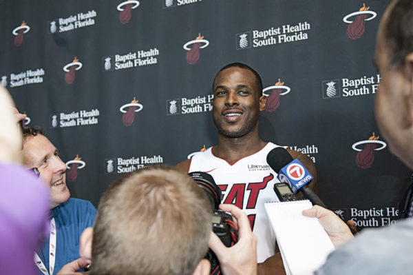 Dion Waiters is surrounded by media on Miami Heat Media day