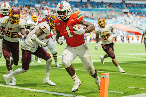 Hurricanes RB, Mark Walton rushes for his 2nd touchdown of the game