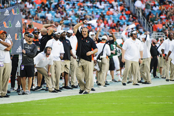 Head Coach Mark Richt tries to get the crowd into during a 3rd down