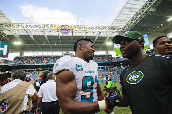 Cameron Wake (91) after the game