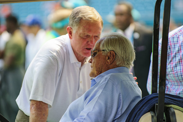 Former Dolphin greats, Bob Griese and Don Shula, talk prior to the Dolphins vs. Titans game
