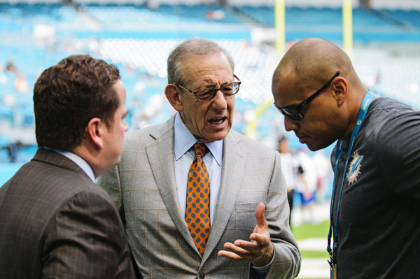 Dolphins owner, Stephen Ross, has a conversation with Dolphin employees