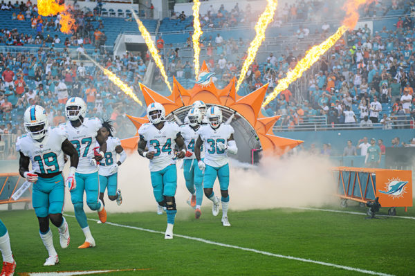 Dolphin players run out through the smoke and fire