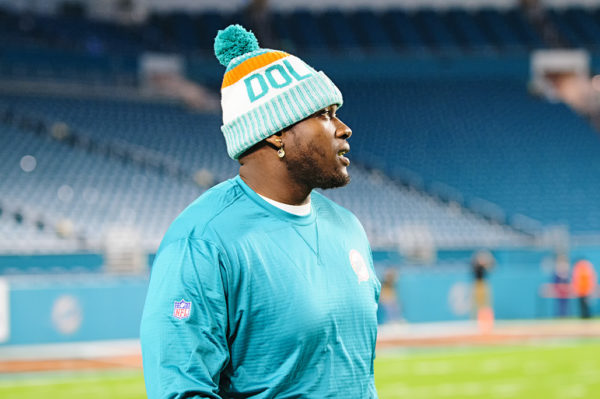Dolphins tackle Laremy Tunsil walks the field prior to the game