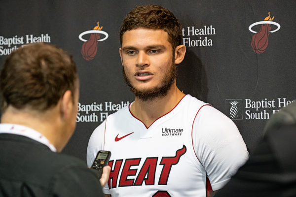 Tyler Johnson answers questions from the media
