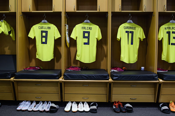 Jerseys hang in the Colombia locker room