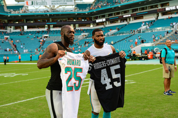 Oakland Raiders defensive back Dominique Rodgers-Cromartie (45) and Miami Dolphins cornerback Xavien Howard (25)