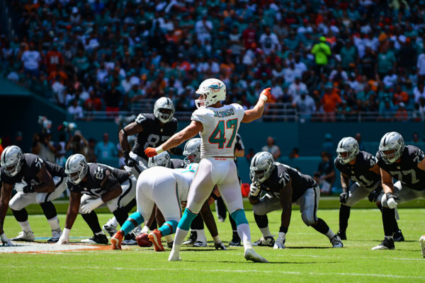 Miami Dolphins linebacker Kiko Alonso (47) calls out the assignments