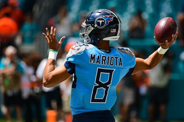 Tennessee Titans quarterback Marcus Mariota (8) warms up