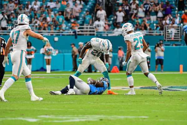Miami Dolphins defensive back Reshad Jones (20) stares down Tennessee Titans running back Dion Lewis (33) after a tackle