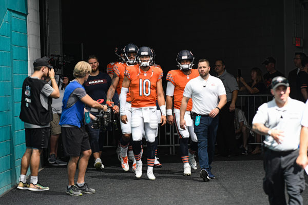 Chicago Bears quarterback Mitchell Trubisky (10) leads the QBs out