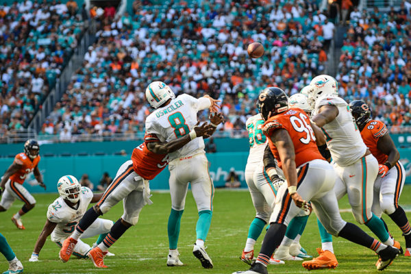Chicago Bears inside linebacker Danny Trevathan (59) hits Miami Dolphins quarterback Brock Osweiler (8) as he throws