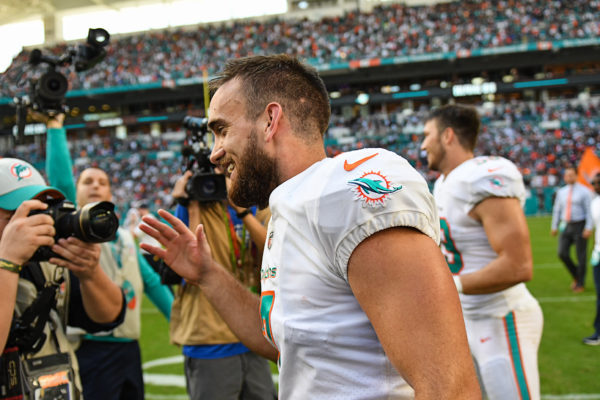 Miami Dolphins kicker Jason Sanders (7) is all smiles after kicking the winning field goal in overtime