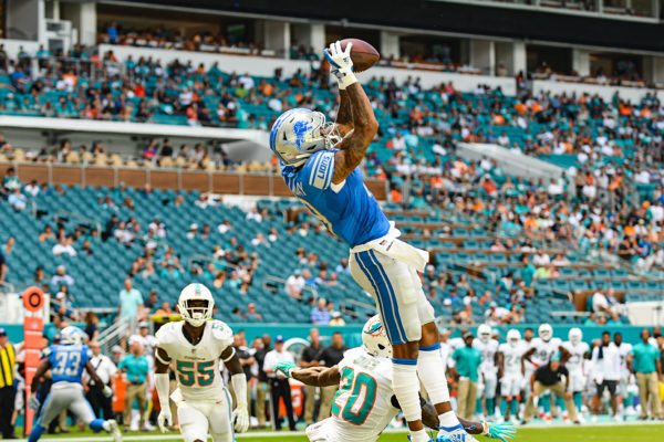 Detroit Lions wide receiver Kenny Golladay (19) has his touchdown catch voided by a penalty