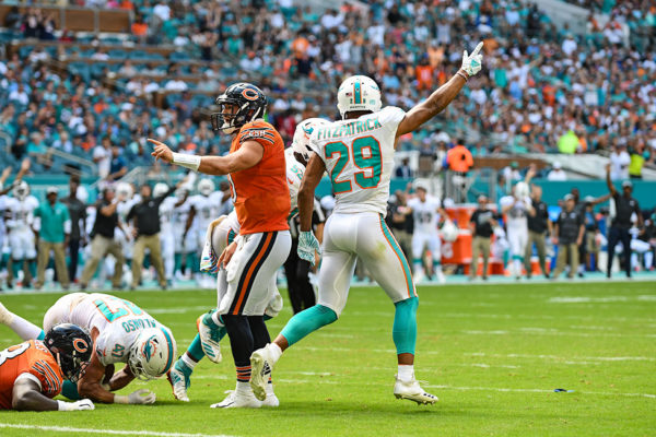 Miami Dolphins free safety Minkah Fitzpatrick (29) signals Miami recovered the fumble