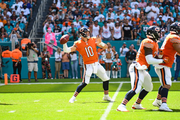 Chicago Bears quarterback Mitchell Trubisky (10) looks to pass down field