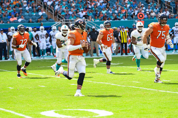 Chicago Bears quarterback Mitchell Trubisky (10) scrambles out of the pocket