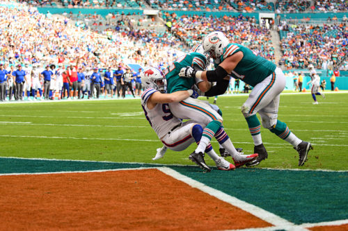 Buffalo Bills defensive end Trent Murphy (93) sacks Miami Dolphins quarterback Ryan Tannehill (17)