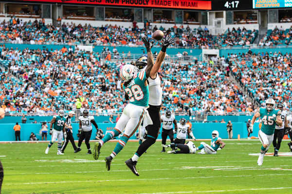Miami Dolphins cornerback Bobby McCain (28) goes up to defend a pass