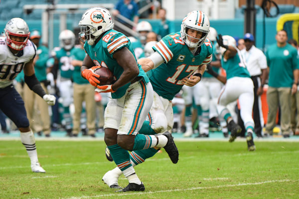 Miami Dolphins quarterback Ryan Tannehill (17) hands off to Miami Dolphins running back Frank Gore (21)